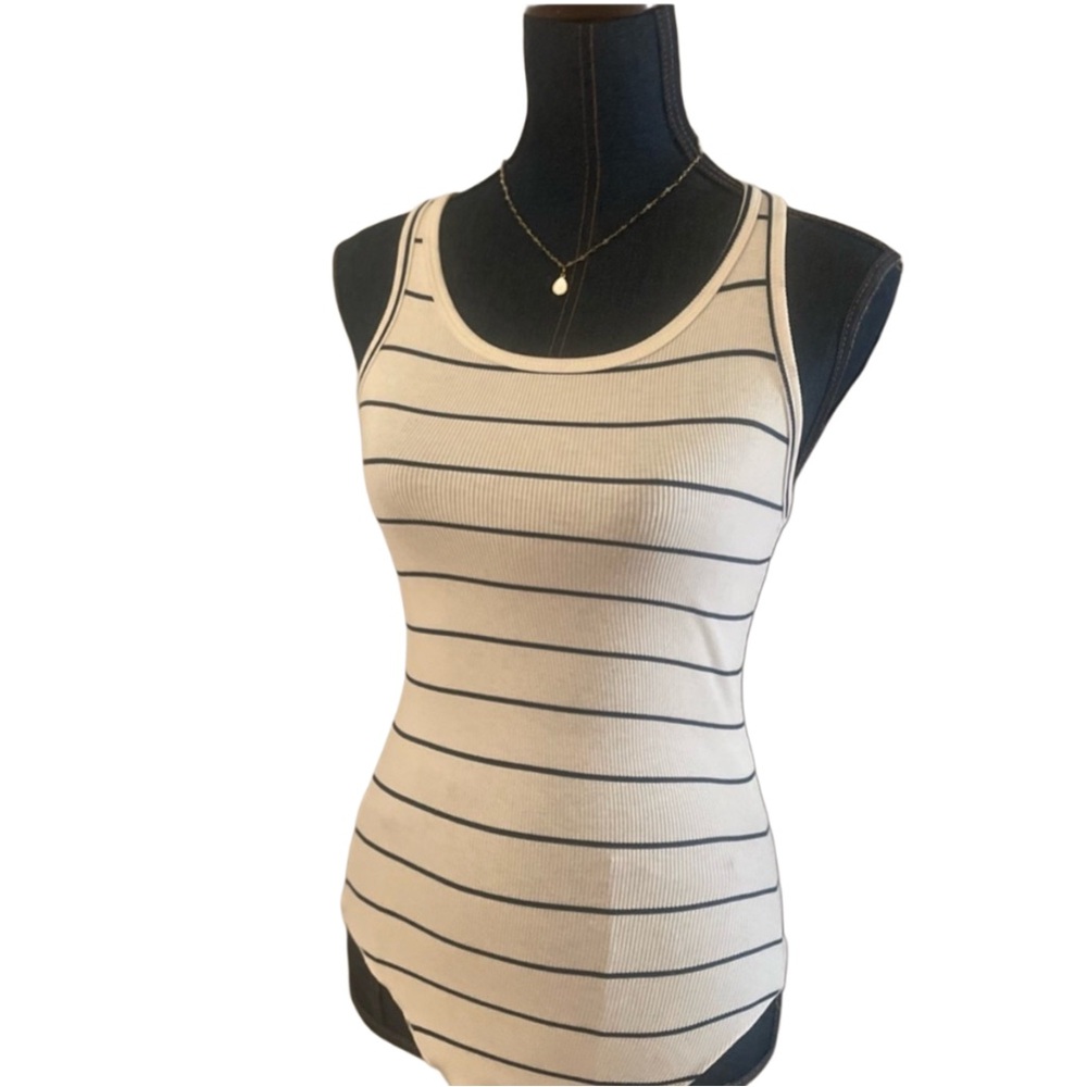 LNA Backless Striped Bodysuit Medium Cream Navy Ribbed Tank Sexy Open Back Top - Picture 4 of 9
